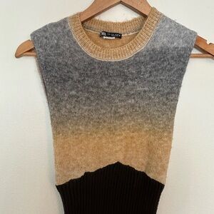 ZARA Ombre Knit Midi Dress Neutral Colorblock Bodycon Sleeveless Size S